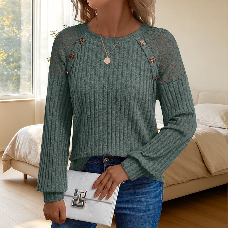 🖤🖤 🌸 Lace Detail, Easy Elegance | Women's Ribbed Knit Patchwork Long-Sleeve Top