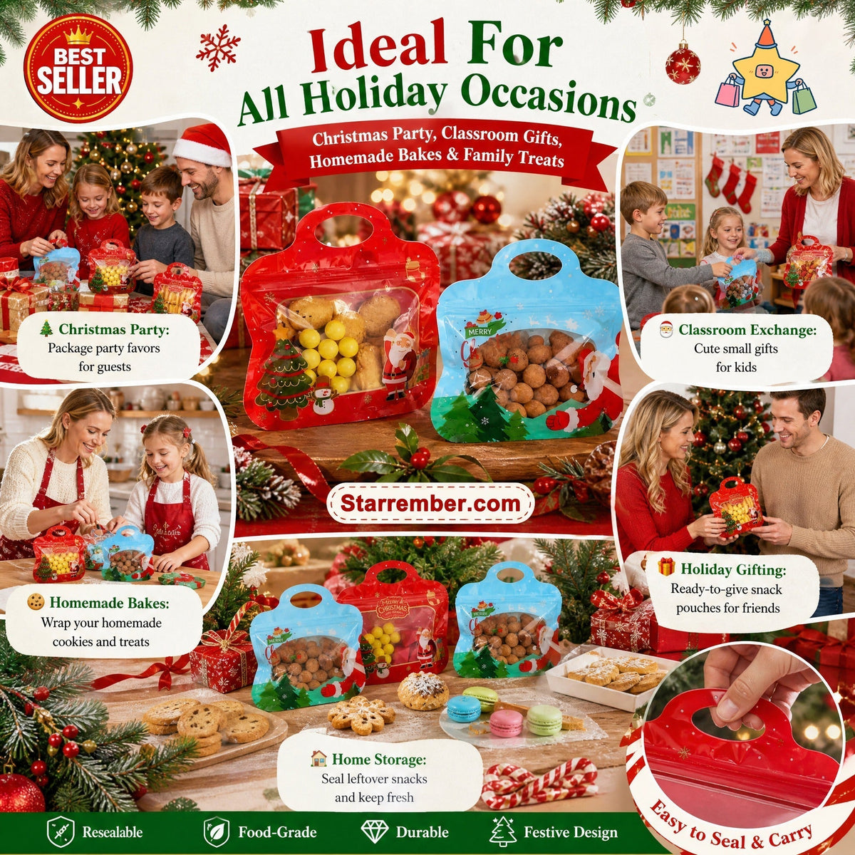 🍬Easy Fill, Easy Seal🎁 Festive Self-Seal Treat Bags – Santa & Snowman Print | Resealable, Food-Safe & Perfect for Cookies, Chocolates & Little Gifts 🎅-2