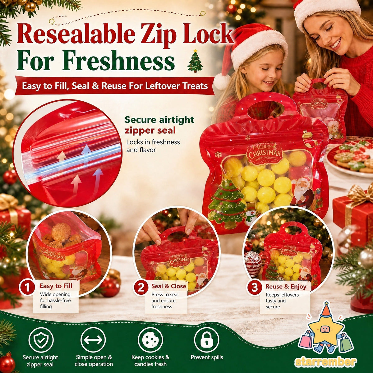 🍬Easy Fill, Easy Seal🎁 Festive Self-Seal Treat Bags – Santa & Snowman Print | Resealable, Food-Safe & Perfect for Cookies, Chocolates & Little Gifts 🎅-6