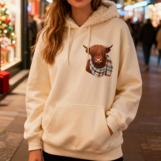 Hanorac drăguț cu glugă și căptușeală din fleece, cu motivul vacă Highland