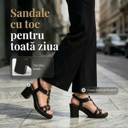 👡 Sandale cu toc gros pentru femei, cu curea în formă de T – spate elastic, platformă căptușită și curea metalică în formă de T – confort de la zi la noapte 💃