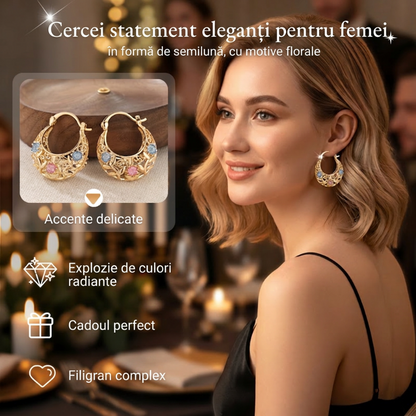 ✨🌙 Cercei Aurii în Formă de Semilună cu Flori din Email – Eleganță & Stil Boho-Chic! 🌸💫