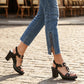 👡 Sandale cu toc gros pentru femei, cu curea în formă de T – spate elastic, platformă căptușită și curea metalică în formă de T – confort de la zi la noapte 💃