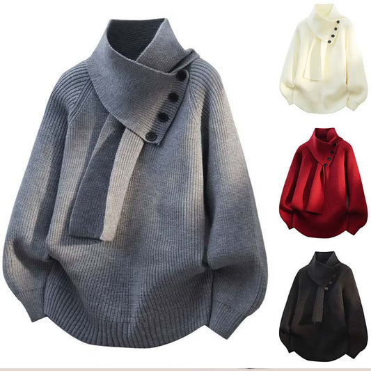 Pulover casual unisex cu nervuri și eșarfă detașabilă
