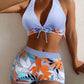 ⛱️👙Costum de baie din două piese cu imprimeu de frunze, decolteu în V și bretele