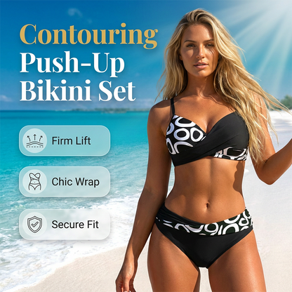 🌊 Bikini din două piese, cu imprimeu și efect modelator — cu pernițe detașabile și talie înaltă care acoperă abdomenul. 💕