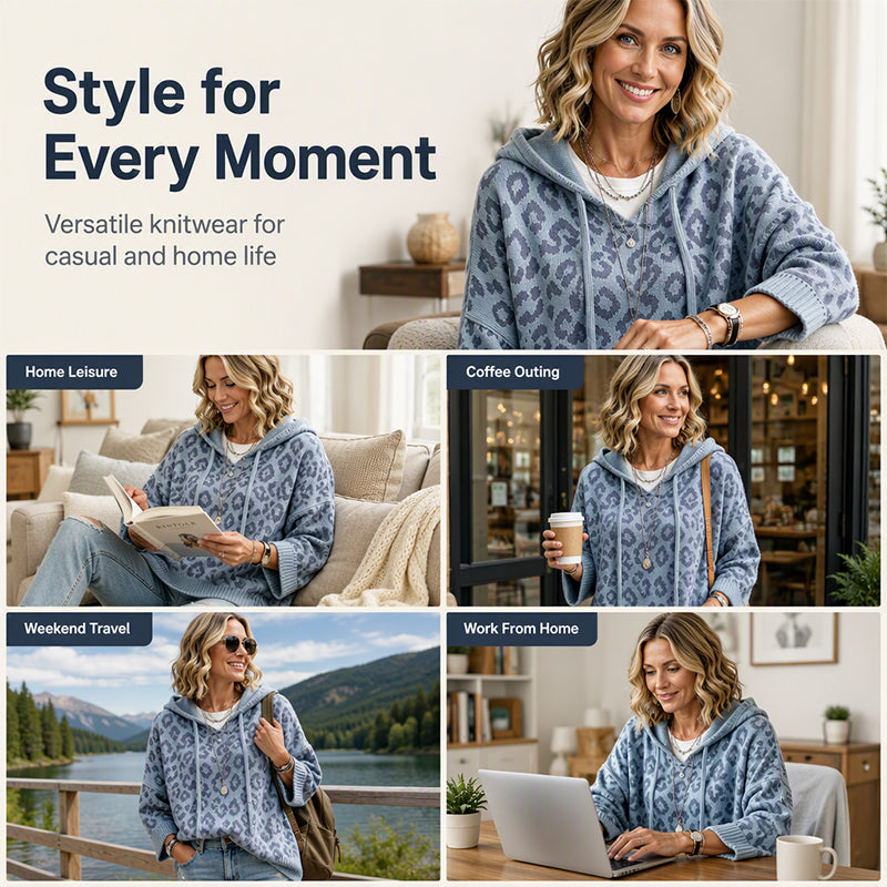 🧵Exquisite Knit, Durable Craft🧶 Leopard Knit Hooded Sweater – Fine Weave & Durable Structure | Multiple Colors, S-5XL ✨