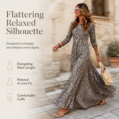 🖤🖤✨ Timeless Statement Style | Women's Leopard Print Long-Sleeve Maxi Dress