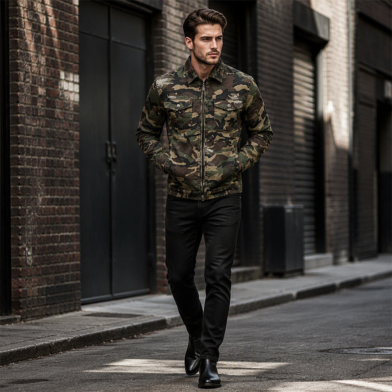 💥 Camo Contrast, Street-Ready Denim | Men's Structured Jacket ⚡