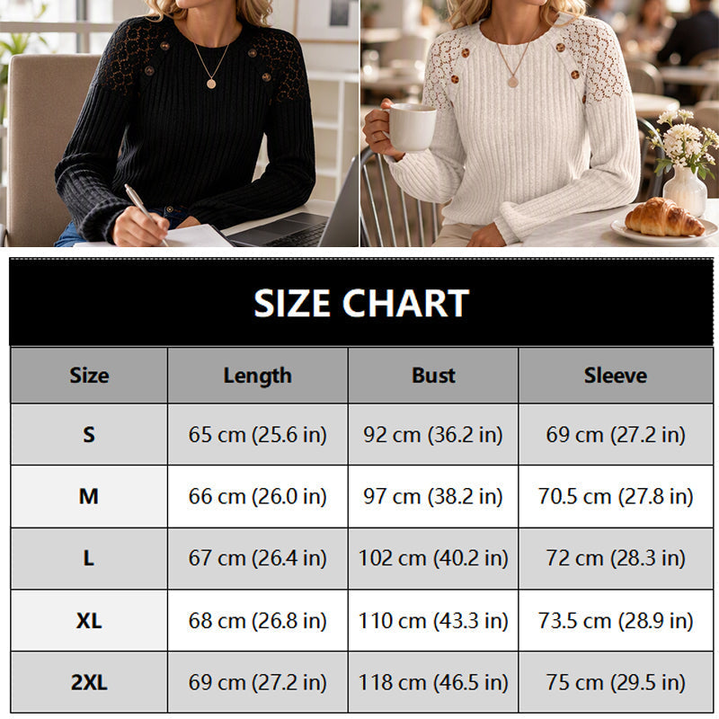 🖤🖤 🌸 Lace Detail, Easy Elegance | Women's Ribbed Knit Patchwork Long-Sleeve Top