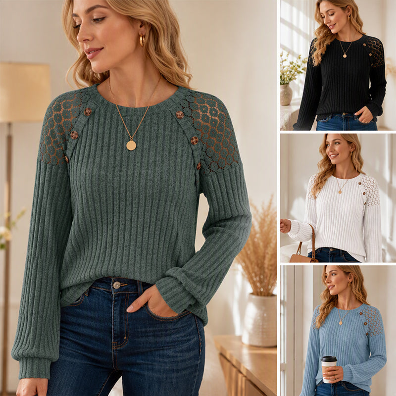 🖤🖤 🌸 Lace Detail, Easy Elegance | Women's Ribbed Knit Patchwork Long-Sleeve Top