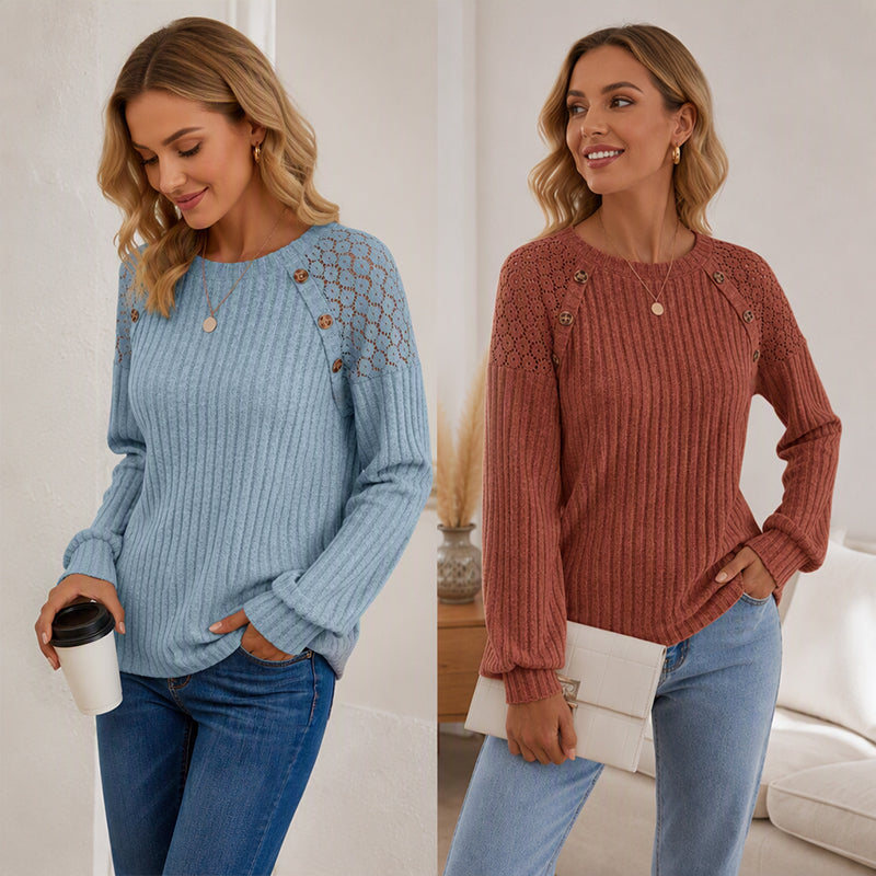 🖤🖤 🌸 Lace Detail, Easy Elegance | Women's Ribbed Knit Patchwork Long-Sleeve Top