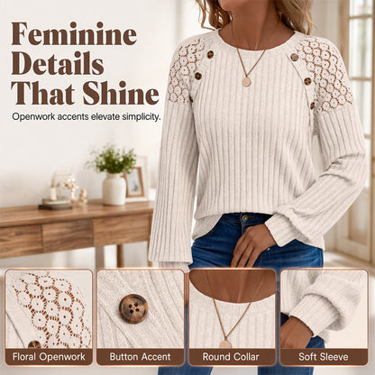 🖤🖤 🌸 Lace Detail, Easy Elegance | Women's Ribbed Knit Patchwork Long-Sleeve Top