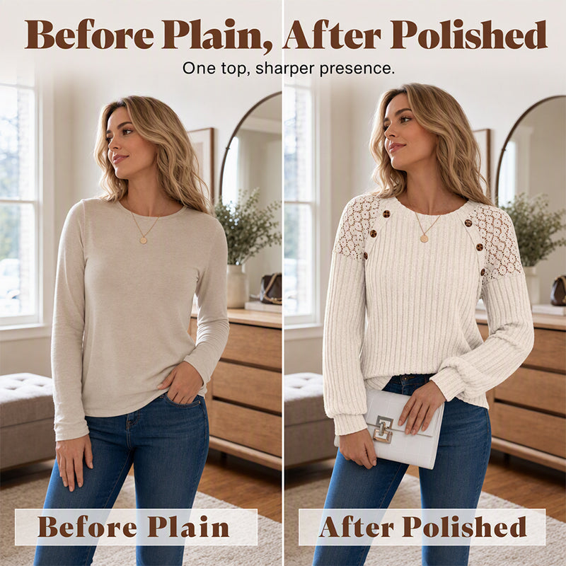 🖤🖤 🌸 Lace Detail, Easy Elegance | Women's Ribbed Knit Patchwork Long-Sleeve Top