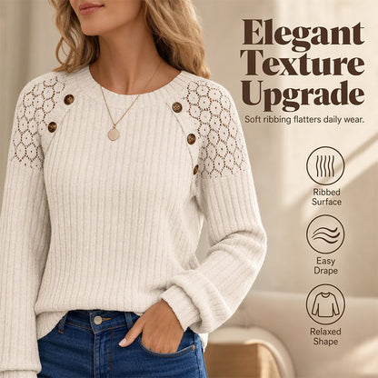 🖤🖤 🌸 Lace Detail, Easy Elegance | Women's Ribbed Knit Patchwork Long-Sleeve Top