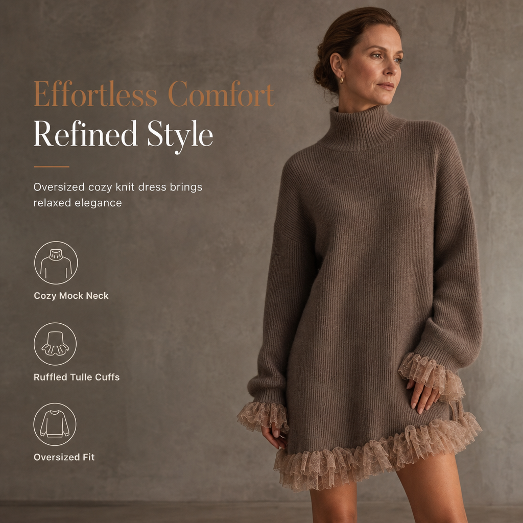 ✨ Feminine Knit Detail | Women’s Oversized Mock Neck Sweater Dress
