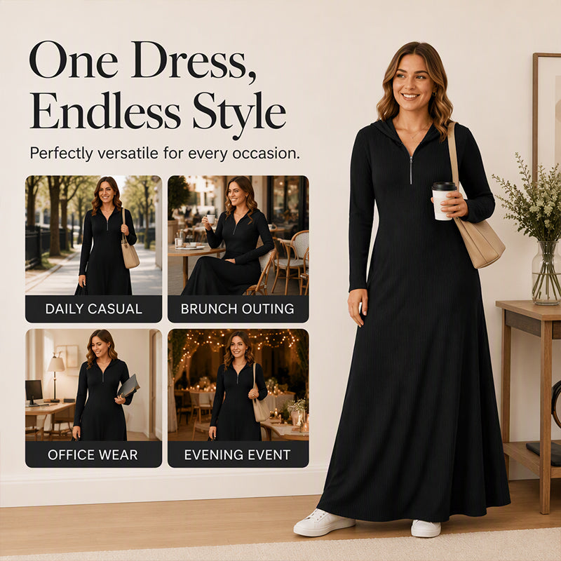 ✨Slimming & Elegant, Fashionable👗 Women's Hooded Ribbed Maxi Dress – Stretch Fit & Minimalist Design | Flattering Silhouette, Elegant Style ✨