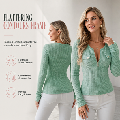 Women's Long Sleeve V-Neck Half Zip Knit Top