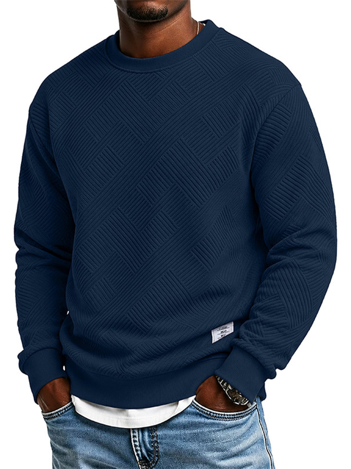 🖤🖤 Mens Long Sleeve Jacquard Crew Neck Sweatshirt Loose Fit Thickened Autumn Winter Top Plus Size