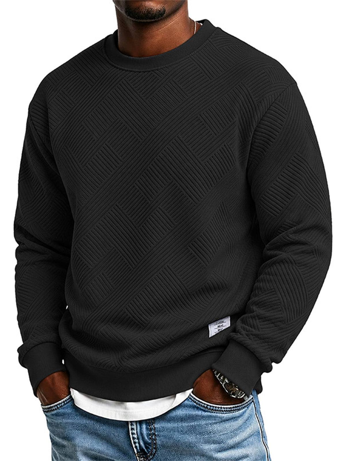 🖤🖤 Mens Long Sleeve Jacquard Crew Neck Sweatshirt Loose Fit Thickened Autumn Winter Top Plus Size