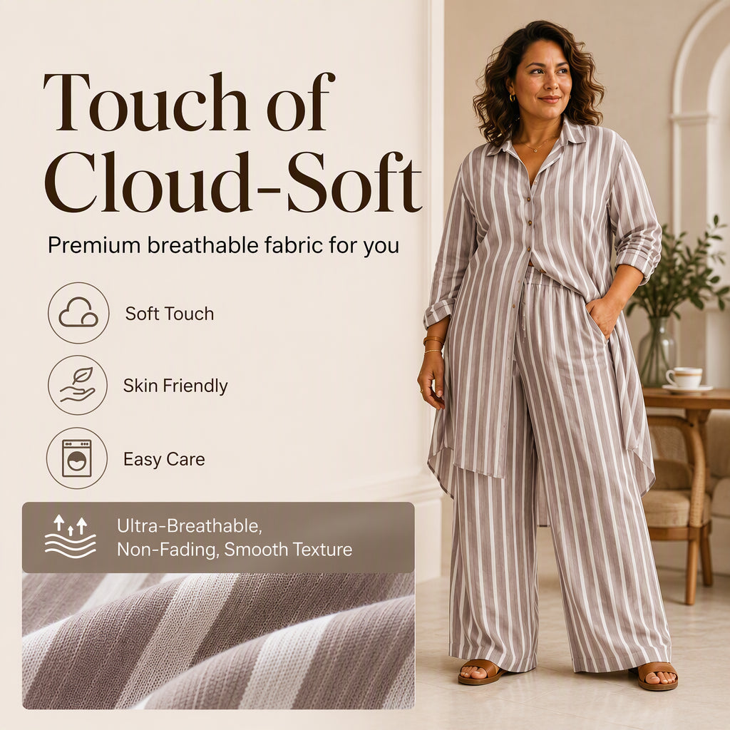 👖 Women's Striped Longline Shirt & Wide-Leg Pants Set – Effortless Style in One Set ✨