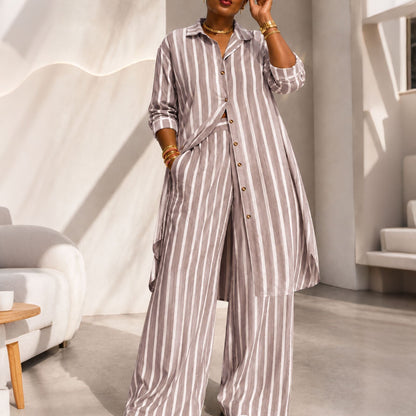 👖 Women's Striped Longline Shirt & Wide-Leg Pants Set – Effortless Style in One Set ✨