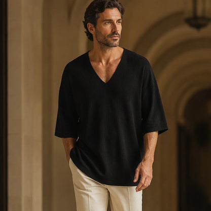 🌬️Breathable Knit, Skin-Friendly Comfort👕 Men's V-Neck Knit T-Shirt – Lightweight & Soft, Cool & Non-Stuffy ✨
