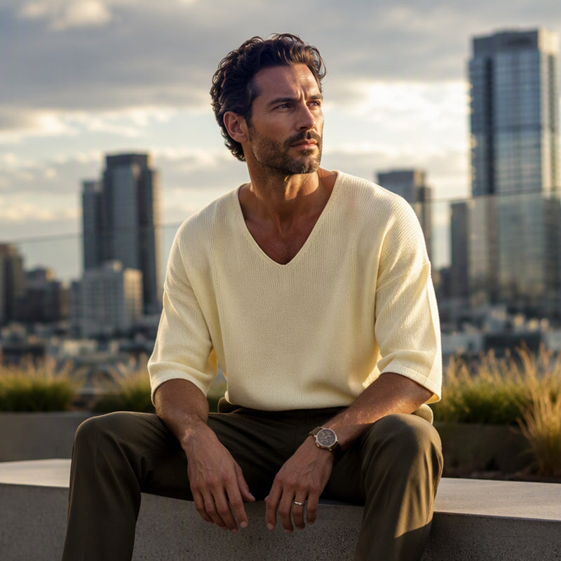 🌬️Breathable Knit, Skin-Friendly Comfort👕 Men's V-Neck Knit T-Shirt – Lightweight & Soft, Cool & Non-Stuffy ✨