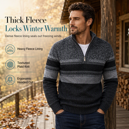 Men's Winter Hooded Fleece Lined Plaid Knit Cardigan Sweater Thick Long Sleeve Coat