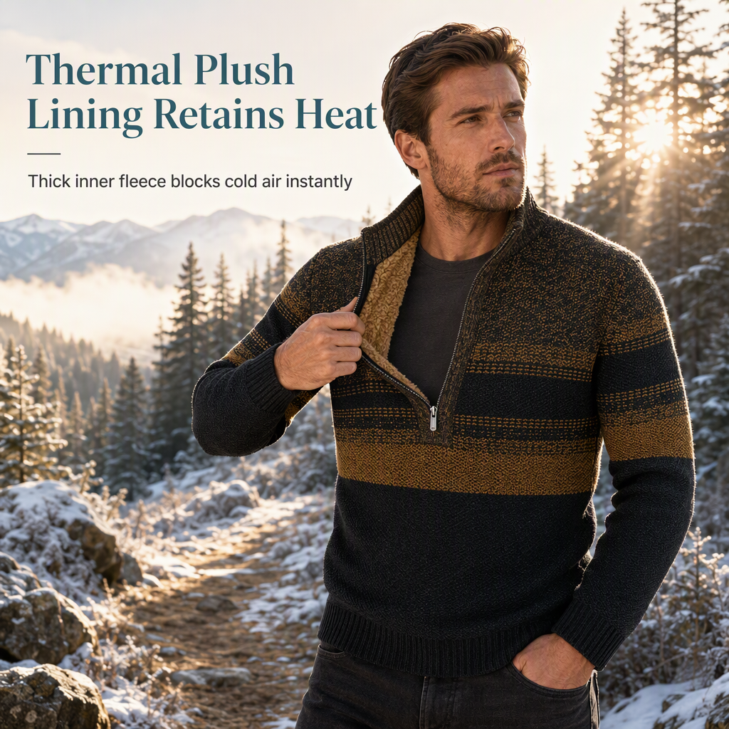Men's Winter Hooded Fleece Lined Plaid Knit Cardigan Sweater Thick Long Sleeve Coat