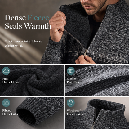 Men's Winter Hooded Fleece Lined Plaid Knit Cardigan Sweater Thick Long Sleeve Coat