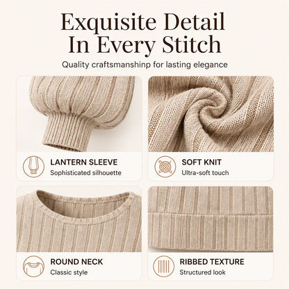 Women's Casual Lantern Sleeve Ribbed Knit Pullover