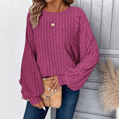 Women's Casual Lantern Sleeve Ribbed Knit Pullover