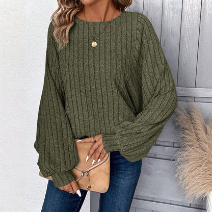 Women's Casual Lantern Sleeve Ribbed Knit Pullover
