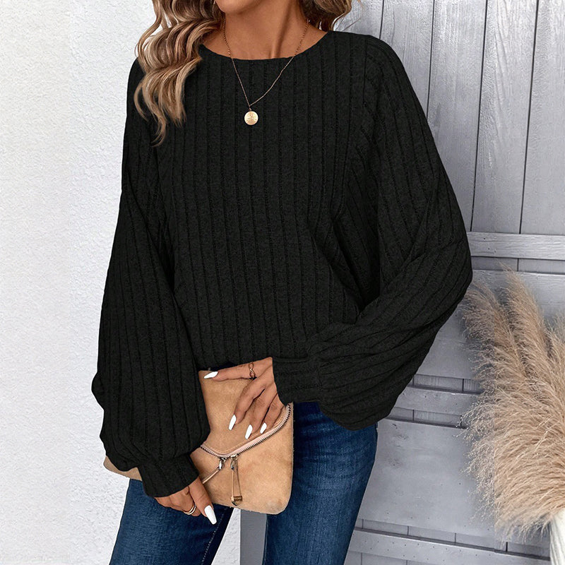 Women's Casual Lantern Sleeve Ribbed Knit Pullover