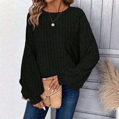 Women's Casual Lantern Sleeve Ribbed Knit Pullover