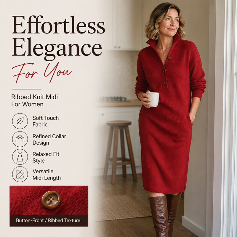 Women's Ribbed Knit Sweater Dress with Lapel Collar