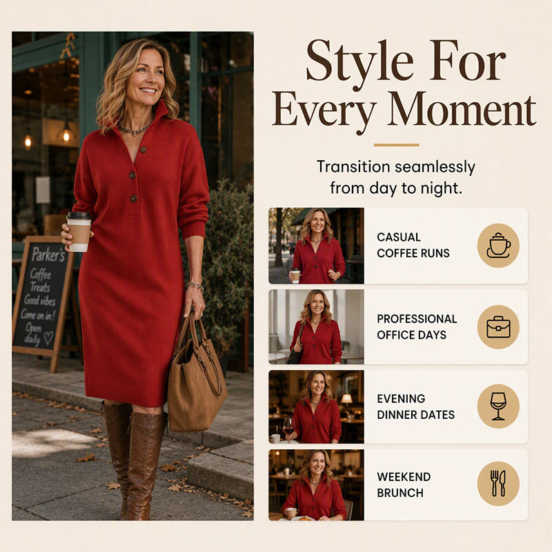 Women's Ribbed Knit Sweater Dress with Lapel Collar