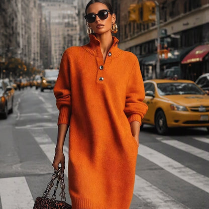 Women's Ribbed Knit Sweater Dress with Lapel Collar