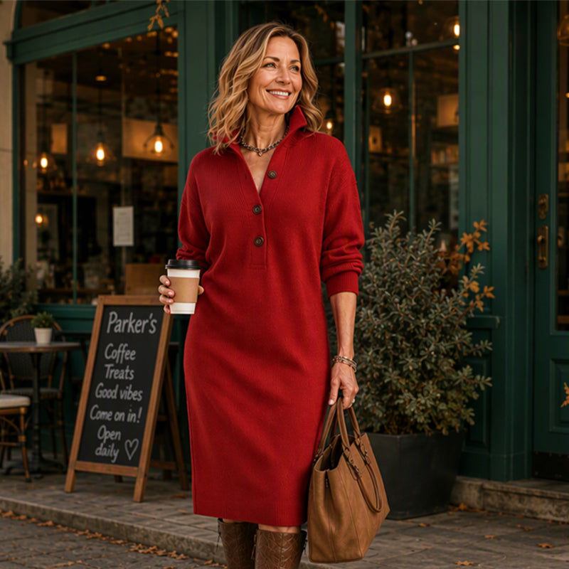 Women's Ribbed Knit Sweater Dress with Lapel Collar
