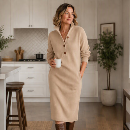 Women's Ribbed Knit Sweater Dress with Lapel Collar