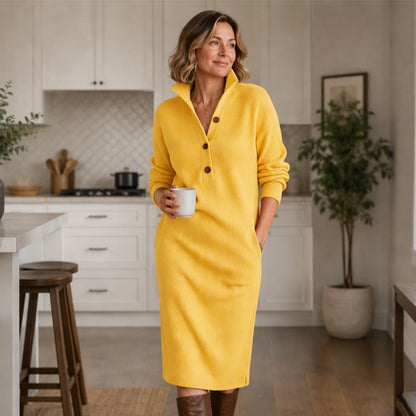 Women's Ribbed Knit Sweater Dress with Lapel Collar
