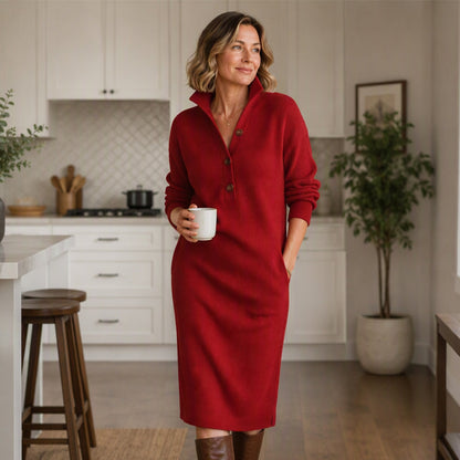 Women's Ribbed Knit Sweater Dress with Lapel Collar