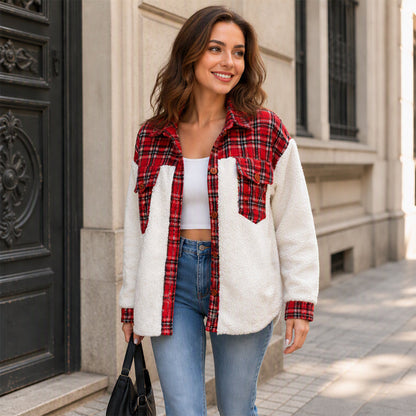 Women's Plaid Plush Patchwork Button-Down Jacket