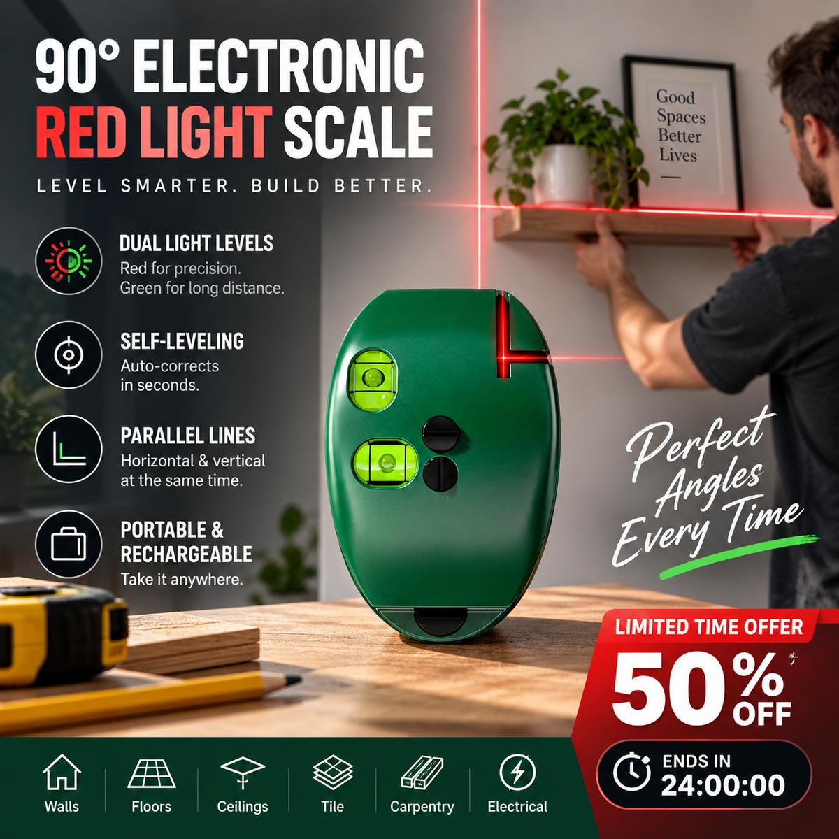 🎃🔧90° Laser Square – Dual-Line Layout Guide for Tiling & DIY